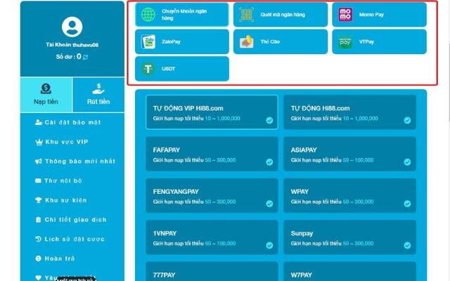 Chọn phương thức nạp tiền tại Hi88