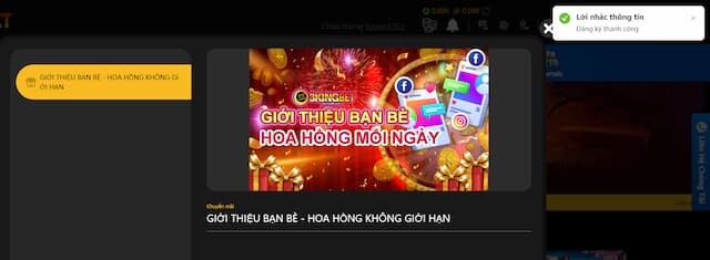 Giao diện 3kingbet khi đăng ký thành công