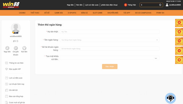 Điền đầy đủ thông tin rút tiền Win88