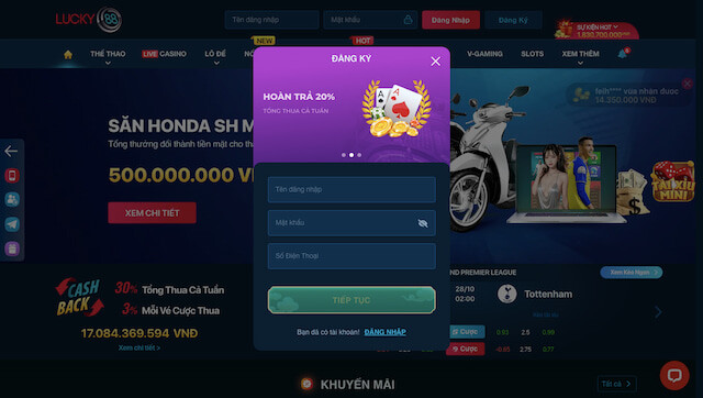 Điền thông tin đăng ký Lucky88