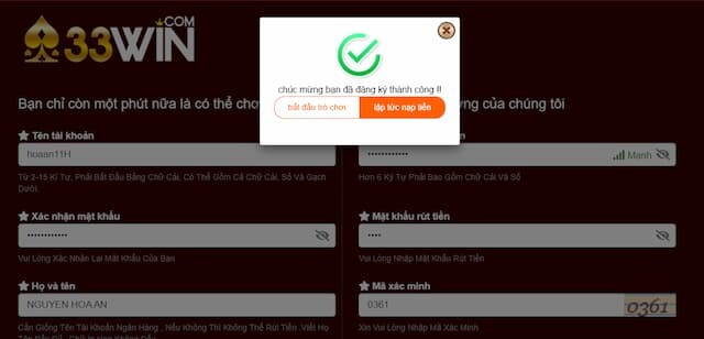 Hoàn tất việc đăng ký 33win casino