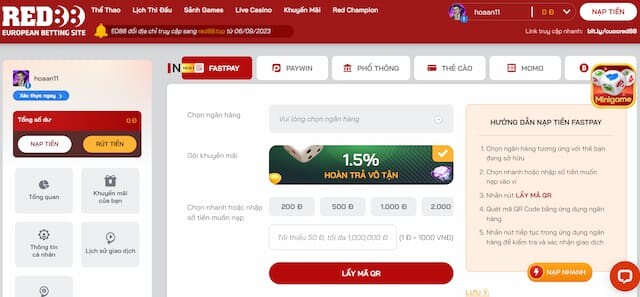 Giao diện red88 khi đăng ký xong