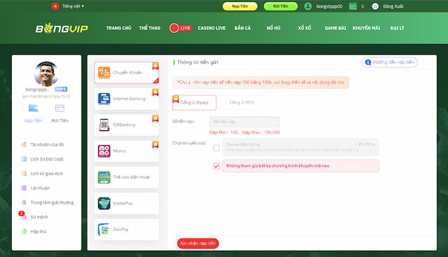 Nạp tiền Bongbip với các bước đơn giản